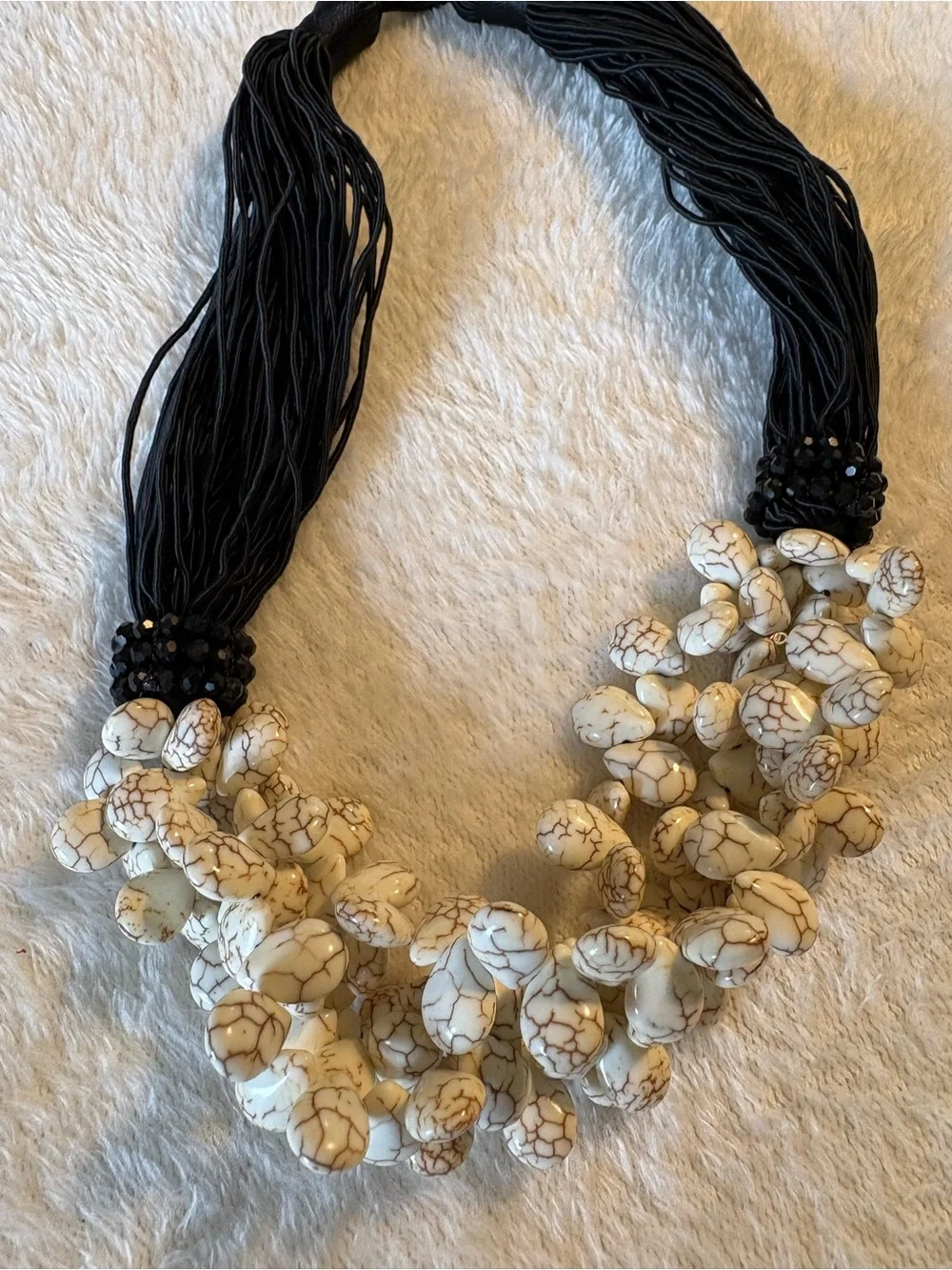 Handcrafted White turquoise and Black silk Beaded Statement Necklace